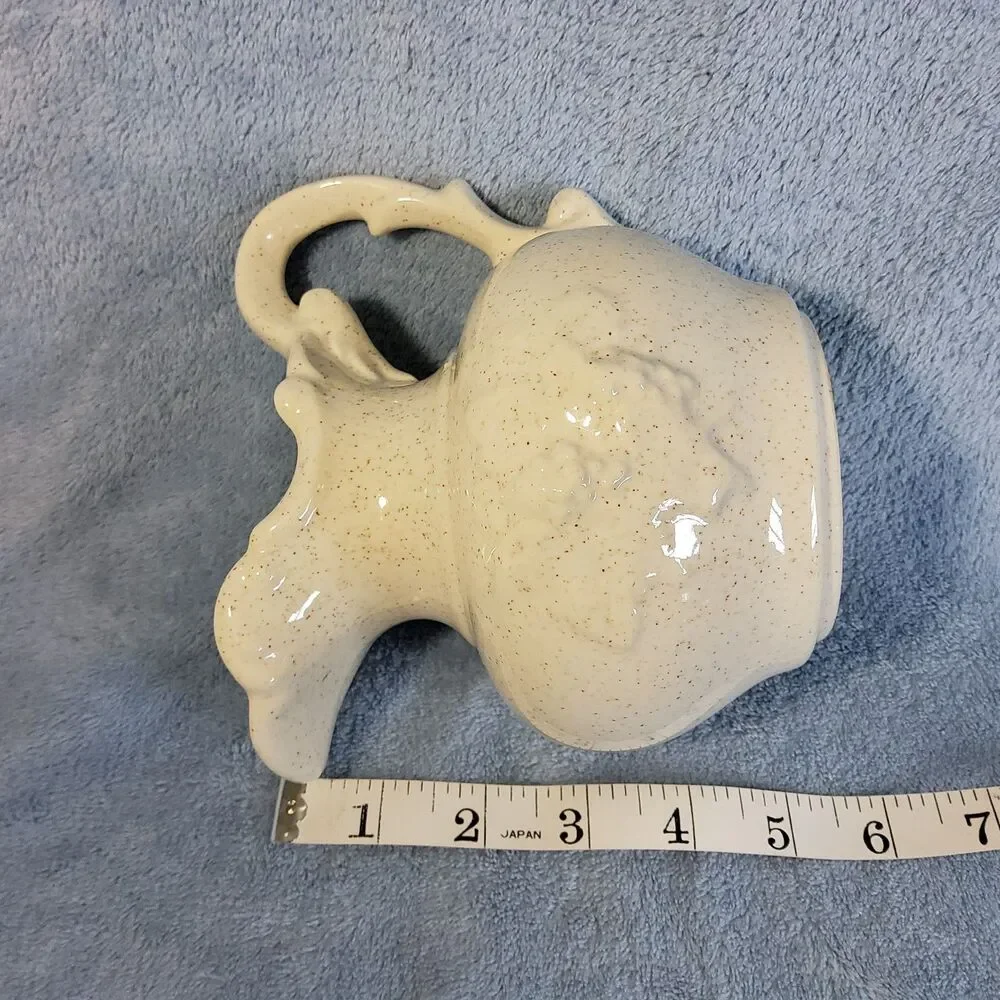 Vintage Cream Speckled Ceramic Pitcher Ruffled Rim Embossed Farmhouse Primitive